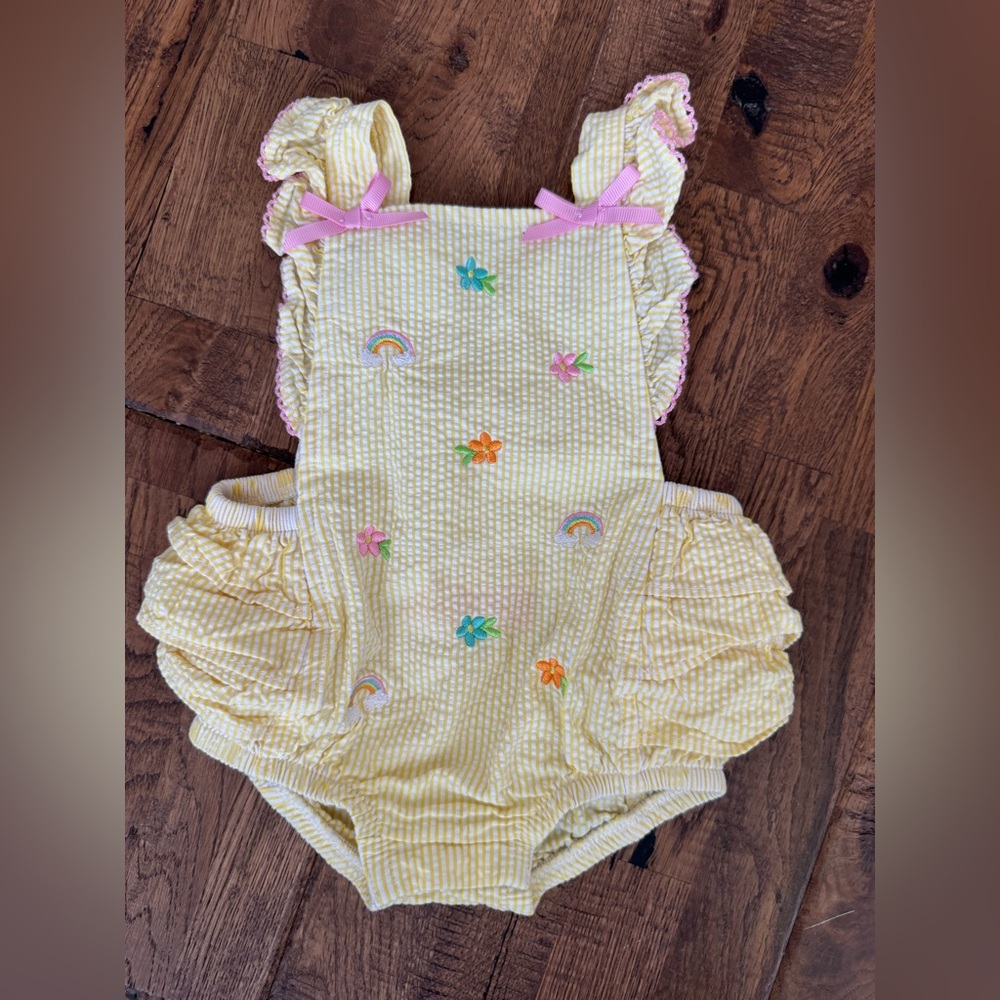 Goodlad Infant Ruffle Bubble Seersucker Embroidered Rainbow Flowers Bows 3 Mon B